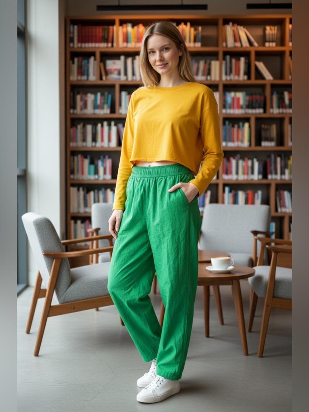 Double Zero Oversized Bright Green Elastic-Waist Pants - Picture 1 of 5